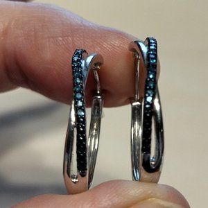 Blue Diamond and Sterling Silver Hoop Earrings